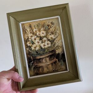 Vintage Original Oil Paintings Framed 5" x 7" White Daisies - Signed Green Frame
